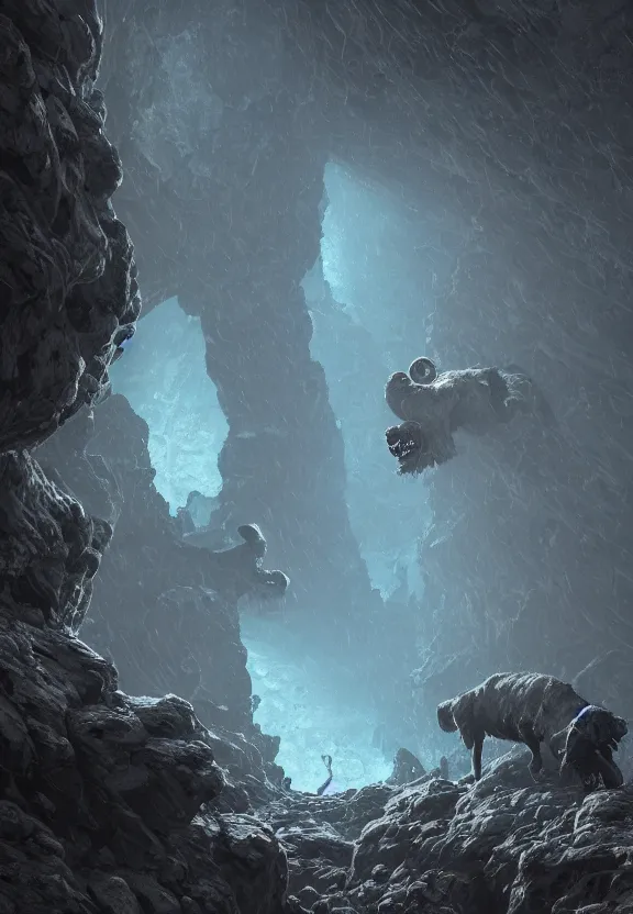 Image similar to three lovecraftian rabies mastiffs attacking inside a claustrophobic dark blue canyon of stone, foaming at the mouth, like ink in water, reflective eyes, monsters, digital art, greg rutkowski, unreal engine, octane render, cinematic lighting, highly detailed