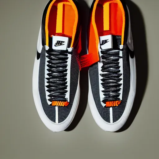 Image similar to a studio photoshoot of Nike x Off-White sneakers designed by Virgil Abloh, leather with knitted mesh material, gum rubber outsole, realistic, color film photography by Tlyer Mitchell, 35 mm, graflex