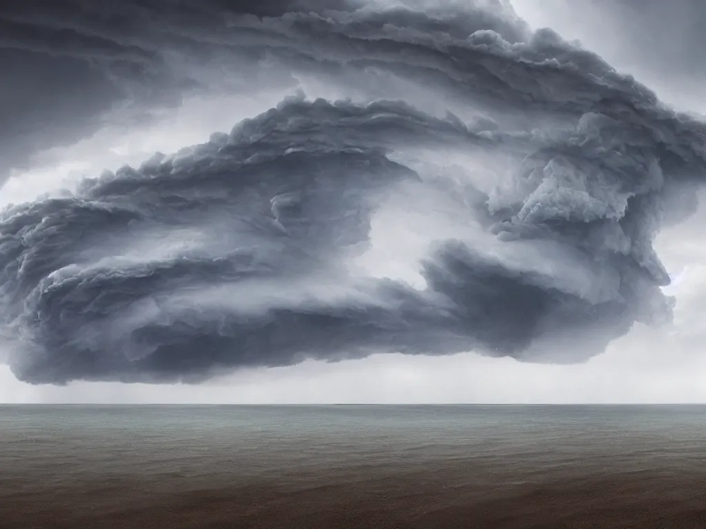 Image similar to detailed supercells, landscapes, unusual super storm, beach, scifi, moody, atmospheric, cinematic, very high complexity, stunning, masterpiece, very detailed. 4 k