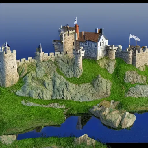 Image similar to a castle built on a tarn, mountain lake, highly detailed, 8k, Unreal Engine, render