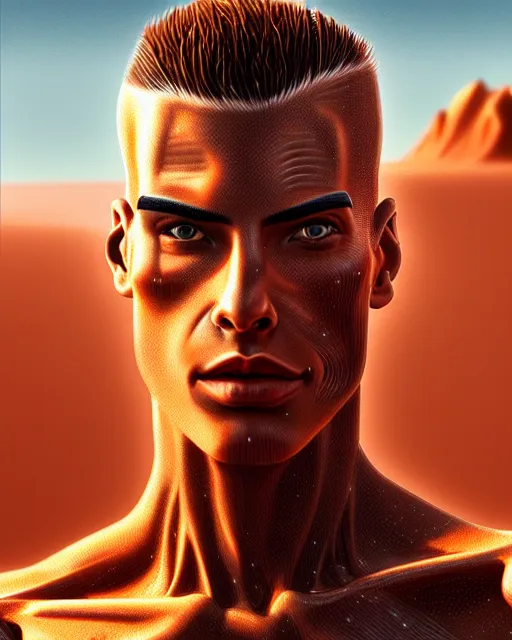 Image similar to portrait of a handsome symmetric cyborg, desert oasis background, ultra realistic, highly detailed, hd, sharp focus, cinematic lighting, realistic, photorealistic, vivid colors, painting, photograph, digital art, non blurry, sharp, artstation, concept art, smooth, illustration