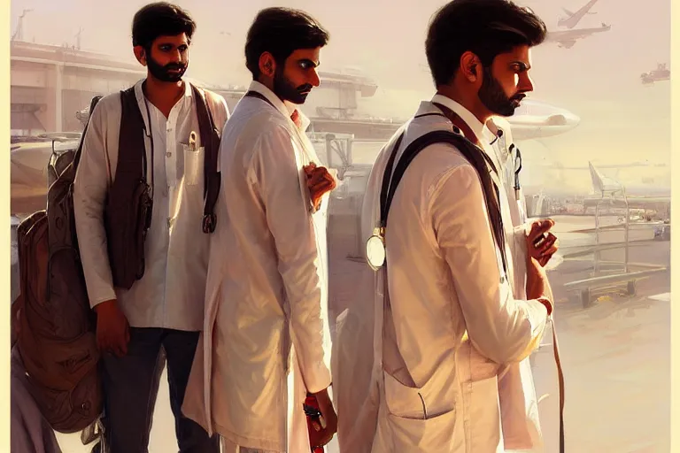 Image similar to Anxious good looking pale young Indian doctors wearing American clothes at the airport, portrait, elegant, intricate, digital painting, artstation, concept art, smooth, sharp focus, illustration, art by artgerm and greg rutkowski and alphonse mucha