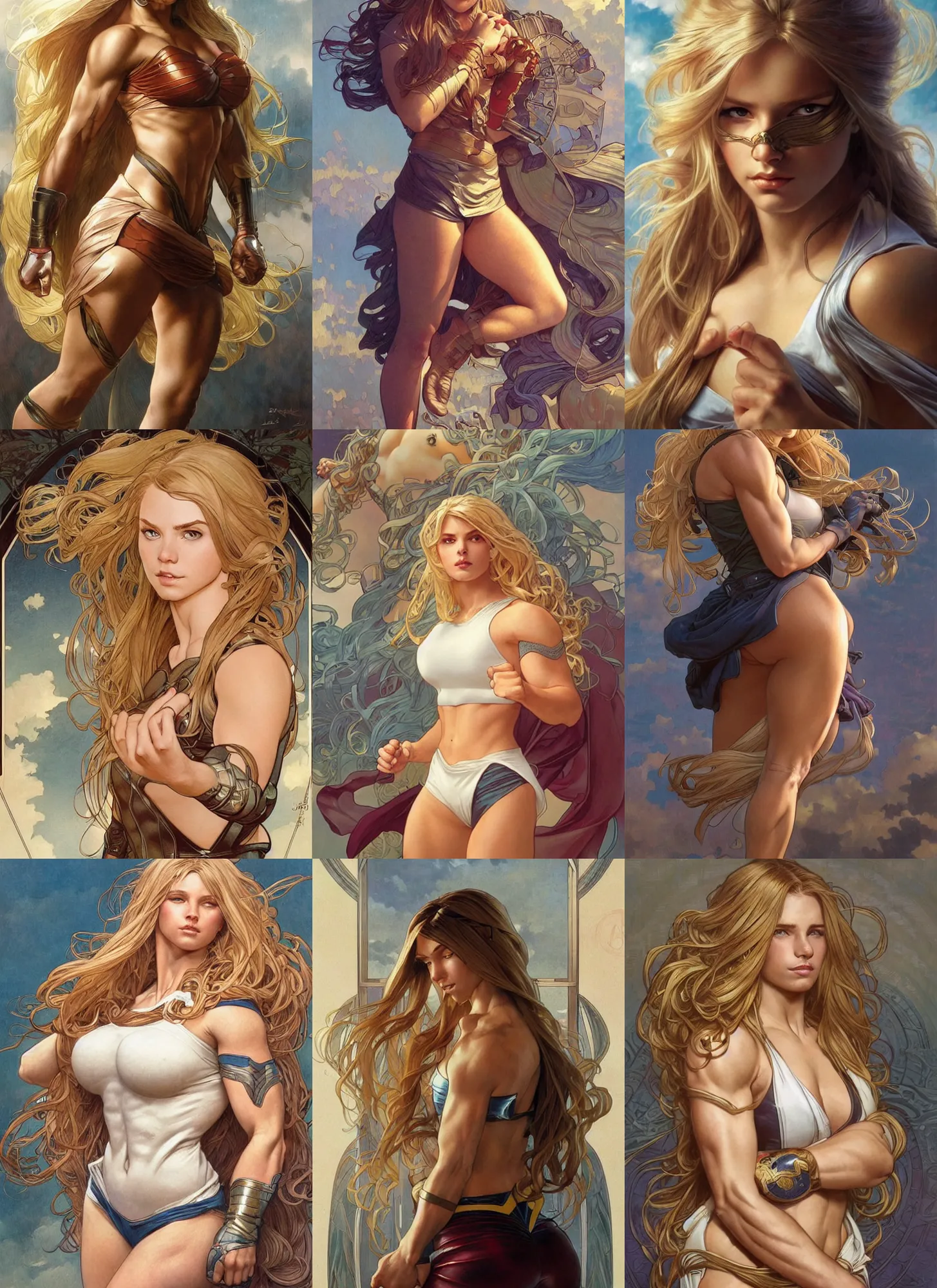 Prompt: a very muscled and young superhero girl with a focused face and extremely long blonde wavy hair, intricate detailed face, artgerm, greg rutkowski, alphonse mucha, francine van hove