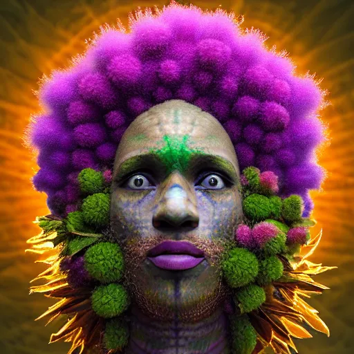 Image similar to an african marijuanna! shaman with an afro made of flowers, third eye art art by machina infinitum, complexity from simplicity, rendered in octane, mandelbulb 3 d, ambient occlusion, radiant lighting, macro photography, felt!!! texture, tribal, pastel! retrowave