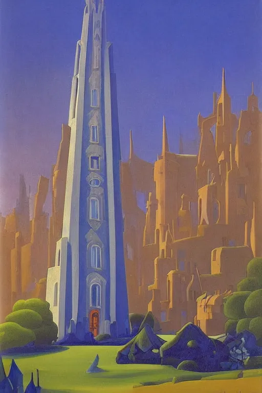 Image similar to view of the mysterious blue tower in its gardens after a storm, tall windows lit up, beautiful ornamental architecture, dramatic cinematic lighting, rich colors, by Nicholas Roerich and William Dyce and April Gornik and Sylvain Sarrailh