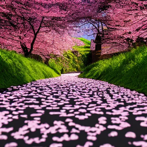 Image similar to stone path through a cherry blossom filled valley leading to a monastery. adult swim, minimalistic