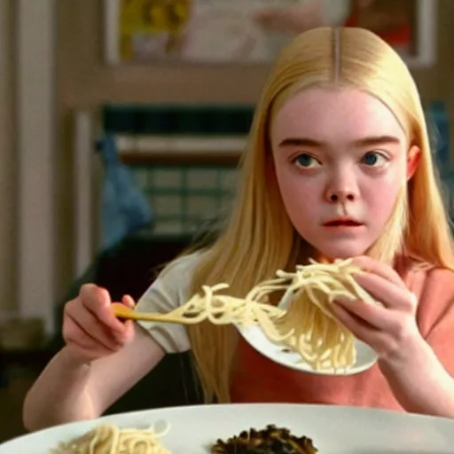 Prompt: Elle Fanning eating noodles in spirited away, by Studio Ghibli,