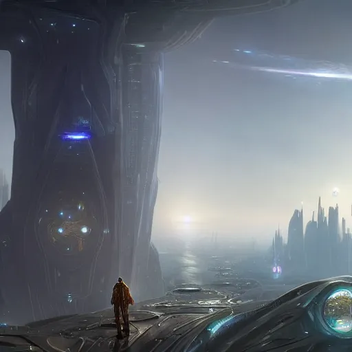 Prompt: Two aliens look down on the alien landscape, a promontory, a futuristic city below with glass skyscrapers and giant towers, ominous, spaceships flying around, cinematic lighting, cinematic, concept art, 4k, detailed, by Alphone Mucha, Greg Rutkowski, James Gurney