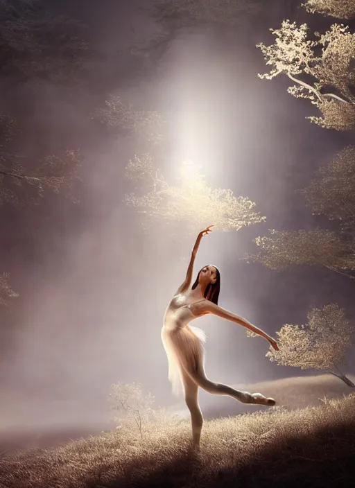 Prompt: cinematic forest lighting, beauteous practical sumptuous ballerina dancing in volumetric soft glowing mist, elegant pose, white pearlescent, chrome, iridescent titanium, crystal, liquid gold, copper, bronze, crystalline masterpiece incrustations, hyperdetailed metalwork movie still, octane render, unreal engine, crepuscular rays,