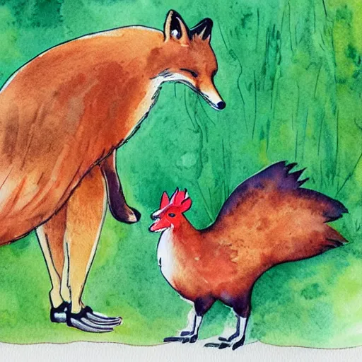 Image similar to fox dancing with a chicken in a hen house, watercolor illustration,