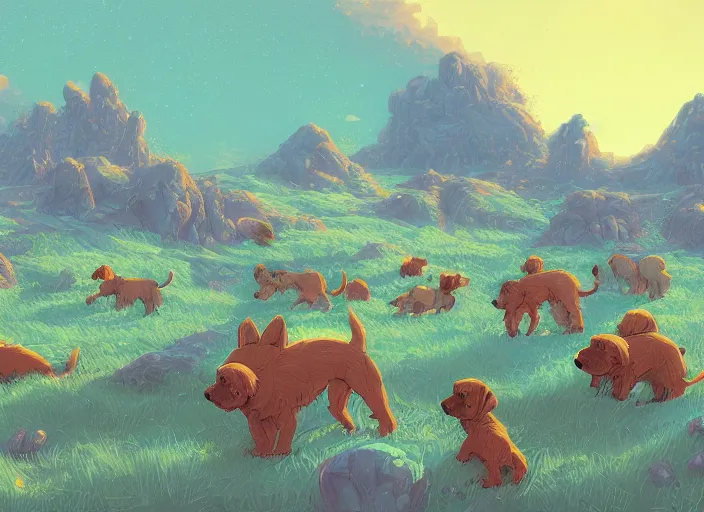 Prompt: concept art of a puppy landscape made of puppies, cel shaded, in the style of makoto shinkai and moebius and peter mohrbacher and anton fadeev