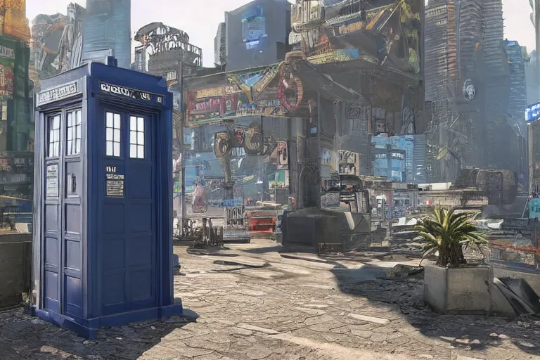 Image similar to tardis in cyberpunk 2 0 7 7