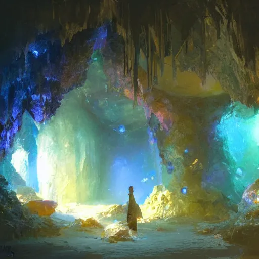 Image similar to a beautiful cave illuminated by shiny crystals of various colours, dark, by craig mullins