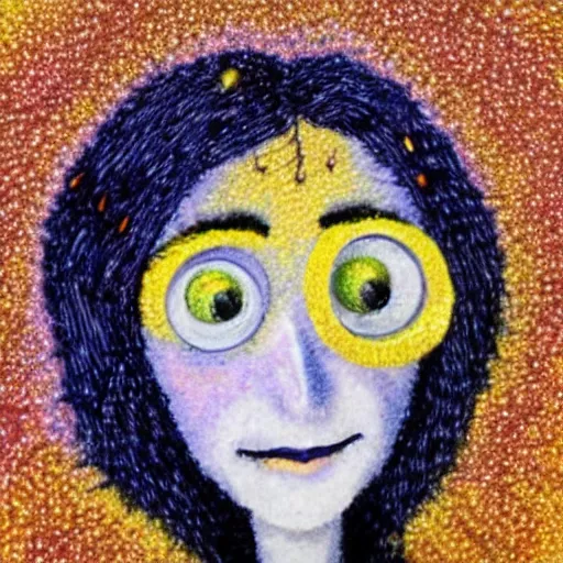 Prompt: pointillism art of Coraline with button eyes