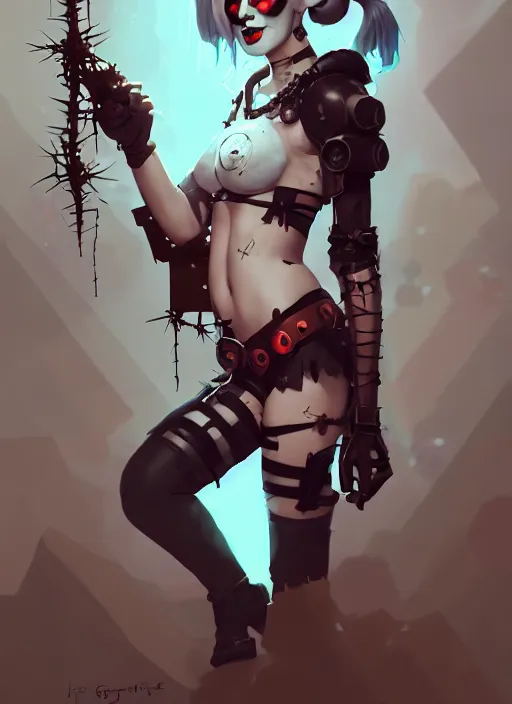 Image similar to portrait of cute goth harley quinn girl with crown of thorns in cyber bikini armor, warhammer, cyberpunk, by atey ghailan, by greg rutkowski, by greg tocchini, by james gilleard, by joe gb fenton, by kaethe butcher, dynamic lighting, gradient light blue, brown, blonde cream and white color in scheme, grunge aesthetic