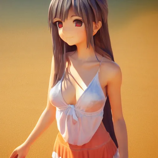 Image similar to Render of a very beautiful 3d anime girl, long hair, hazel eyes, cute freckles, full round face, short smile, cute sundress, golden hour, serene beach setting, medium shot, mid-shot, highly detailed, trending on Artstation, Unreal Engine 4k