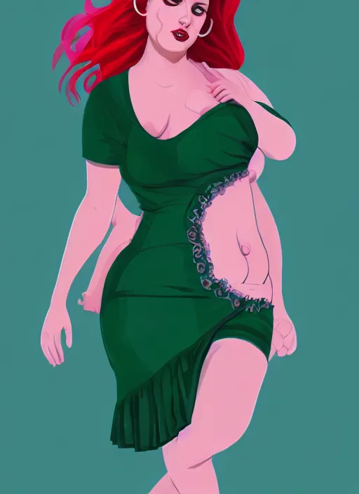 Image similar to full body portrait of teenage cheryl blossom, obese, bangs, green eyes, sultry, realistic, red hair, sultry smirk, wavy hair, pink skirt, fat, intricate, elegant, glowing lights, highly detailed, digital painting, artstation, concept art, smooth, sharp focus, illustration, art by wlop, mars ravelo and greg rutkowski