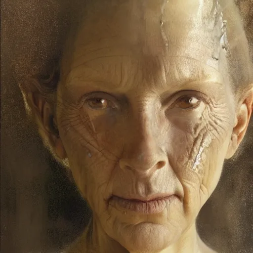 Prompt: hyperrealist portrait of an ancient old three - headed woman standing in a vast empty space with mounds of clay here and there by jeremy mann and alphonse mucha and alan lee, fantasy scifi art, photo realistic, dynamic lighting, artstation, poster, volumetric lighting, very detailed faces, award winning, full face, symmetry