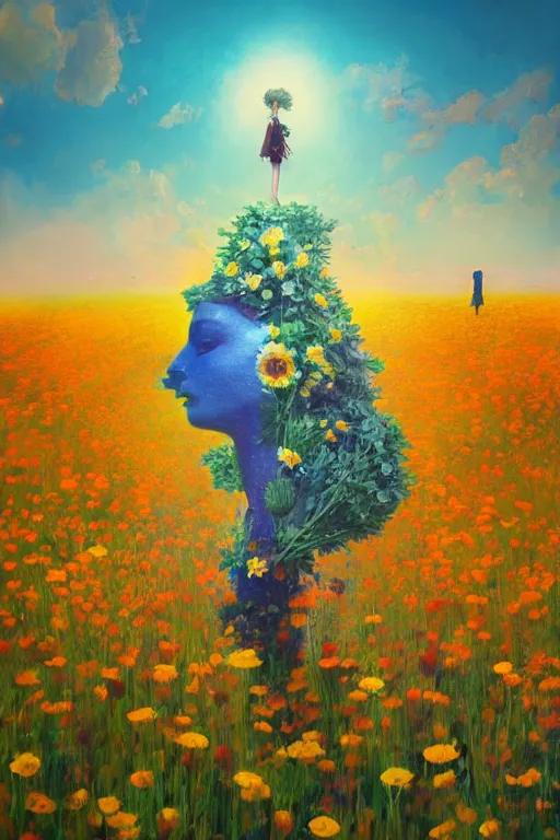 Image similar to closeup, giant flower head, girl in suit standing in a field of flowers, surreal photography, sunrise, blue sky, dramatic light, impressionist painting, digital painting, artstation, simon stalenhag