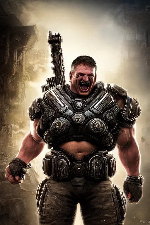 Image similar to Jordan B. Petterson as a muscular Gears of War character laughing, photorealism, half body, HDR ambient background, unreal engine 5, hyperrealistic, highly detailed, XF IQ4, 150MP, 50mm, F1.4, ISO 200, 1/160s, cinematic lights, Adobe Lightroom, photolab, Affinity Photo, PhotoDirector 365, realistic