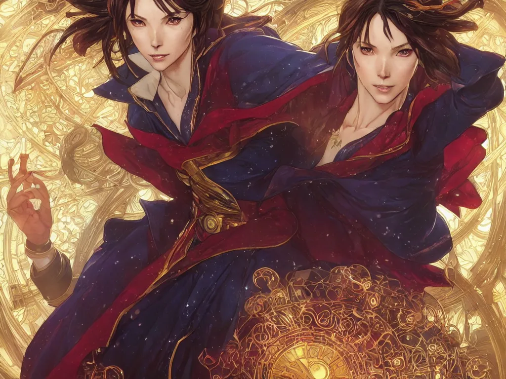 Image similar to anime key visual of a beautiful female doctor strange, marvel comics, spells, magic, intricate, magical village, stunning, highly detailed, digital painting, artstation, smooth, hard focus, illustration, art by artgerm and greg rutkowski and alphonse mucha