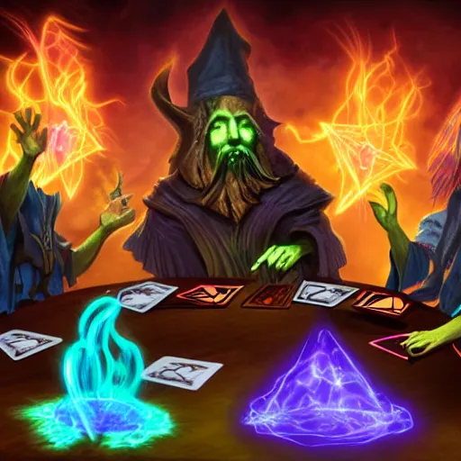 Prompt: 5 wizards around a table playing magic the gathering, with glowing creatures emerging from the cards, vibrant, dramatic, painterly