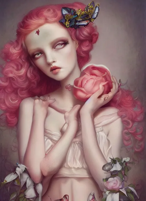 Image similar to pop surrealism, lowbrow art, realistic cute seductive feminine girl painting, romantic gown, hyper realism, muted colours, rococo, natalie shau, loreta lux, tom bagshaw, mark ryden, trevor brown style,