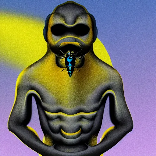 Image similar to human man that resembles a wasp morh in surreal sketch style, blue and yellow gradient, noise, ultrafine detail, hd 8k, logo illustration