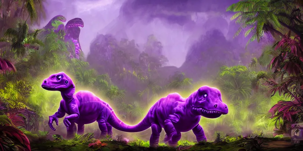 Image similar to spectral purple neon dinosaur, green jungle background, detailed, fantasy, oil painting, ultrawide landscape, concept art