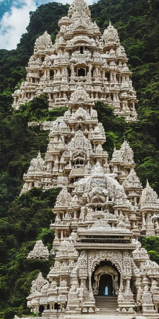 Image similar to colossal and beautiful hindu temple, ornate architecture, carved in white marble, cliffside, lush jungle, atmosphere, dramatic lighting, epic composition, close up, low angle, wide angle, by miyazaki, nausicaa ghibli, breath of the wild