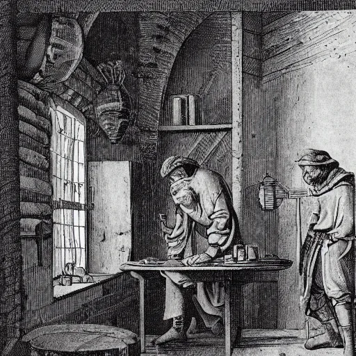 Prompt: The rustic interior of a medieval apothecary