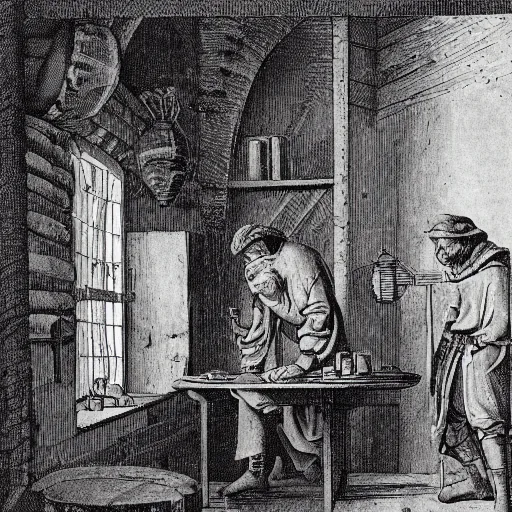 Image similar to The rustic interior of a medieval apothecary