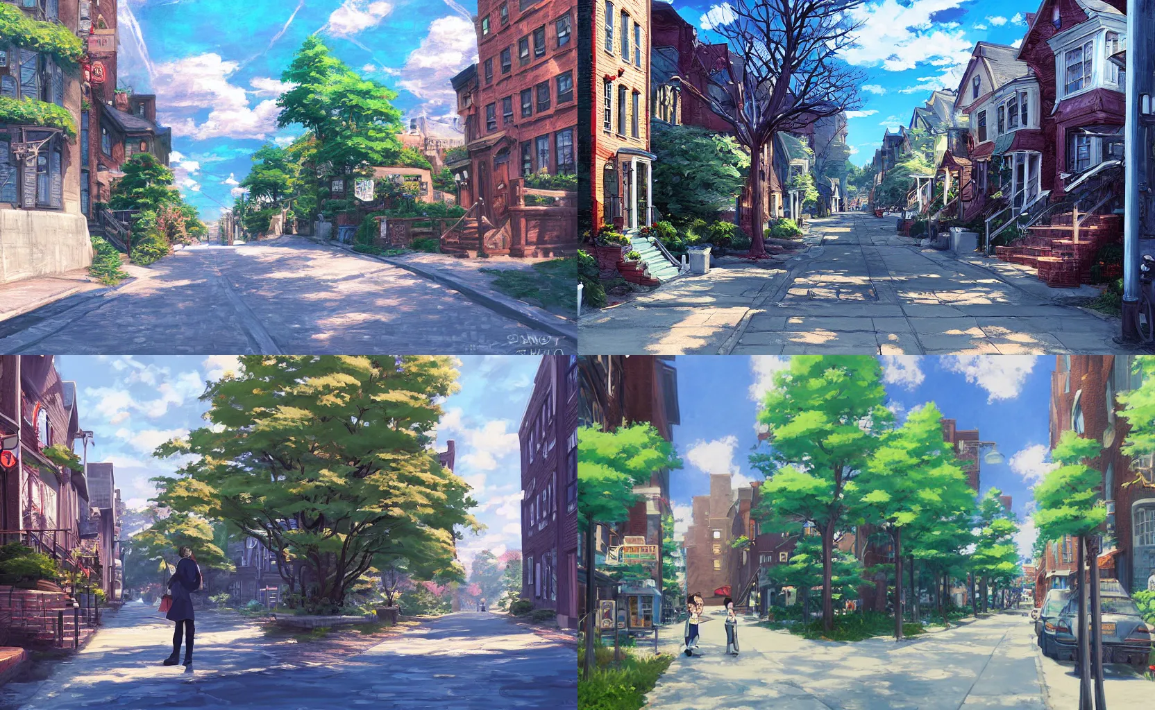 Prompt: a quaint street in Brooklyn, New York, painting by Makoto Shinkai