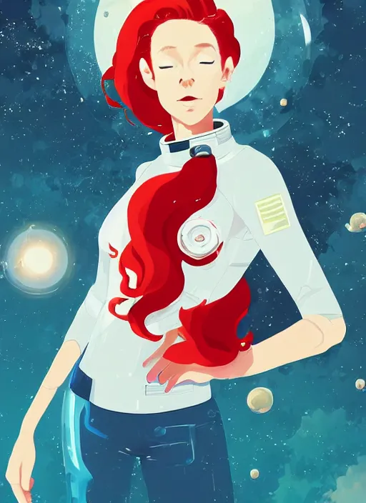 Image similar to a beautiful woman with red hair floating in space. she is an astronaut, wearing a space suit. clean cel shaded vector art. shutterstock. behance hd by lois van baarle, artgerm, helen huang, by makoto shinkai and ilya kuvshinov, rossdraws, illustration, art by ilya kuvshinov