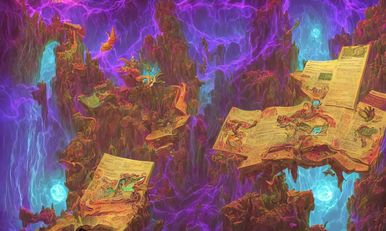 Image similar to large kerberos realm, wizard issues ticket close up, reading a directory, colorful ravine, 3 d art, digital illustration, perfect lighting