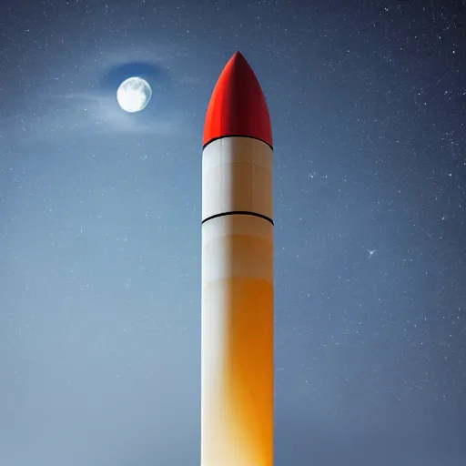 Image similar to a moon rocket, natural lighting, at night, moon in sky, high resolution