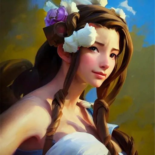 Image similar to Greg Manchess portrait painting o Aerith Gainsborough as Overwatch character, medium shot, asymmetrical, profile picture, Organic Painting, sunny day, Matte Painting, bold shapes, hard edges, street art, trending on artstation, by Huang Guangjian and Gil Elvgren and Sachin Teng