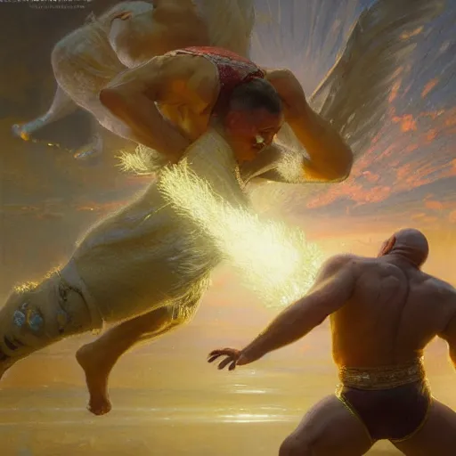 Image similar to bald wrestler breaking blonde wrestler's back, radiant light, caustics, heroic, bright iridescent light, by gaston bussiere, bayard wu, greg rutkowski, maxim verehin, epic wrestling combat, legendary