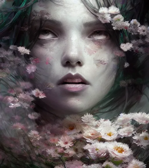 Prompt: a beautiful terrifying ghost spirit sad female portrait black eyes twisted trees, floating cloth whirlpool, butterfly, blooming made of flowers, hardlighting ethereal horror fantasy art by and raymond swanland and monet, ruan jia, by wlop, 4 k hd artstation concept art greyscale