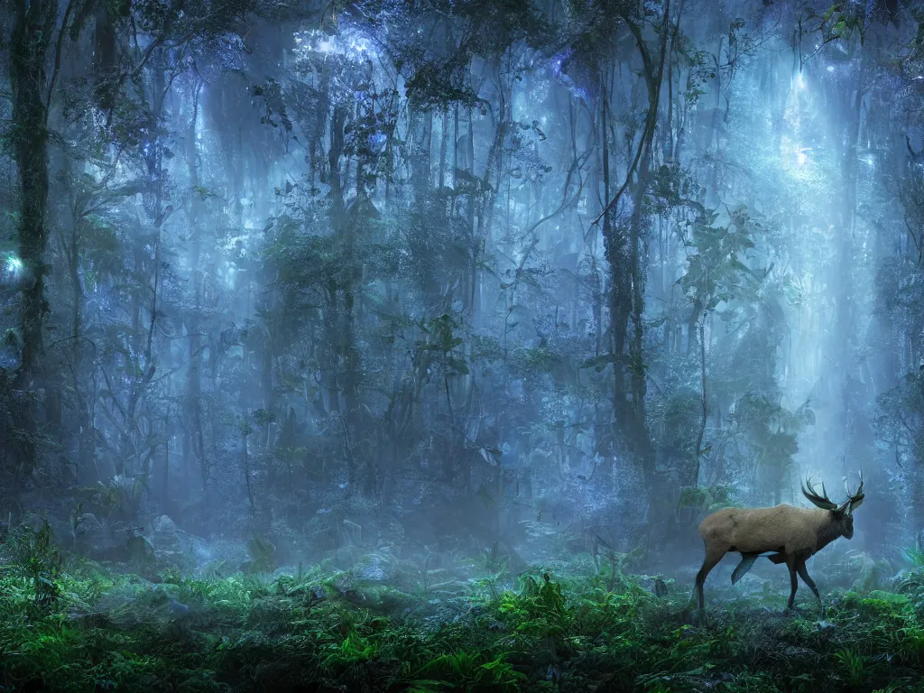 Prompt: a fantasy beautiful dense biorelevant overgrown rainforest setting, ultrawide angle, a large blue glowing bioluminescent elk herd with light illuminating from within, cinematic lighting, extremely emotional, extremely dramatic, surround it with pixie dust ether floating in the air, hdr, epic scale, cmyk, deep spectrum color