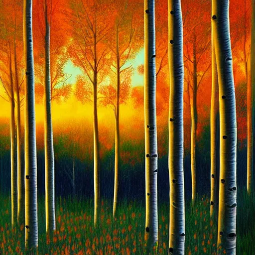 Image similar to beautiful painting of an Aspen forest at sunset, digital art, award winning illustration, golden hour, smooth, sharp lines, concept art, trending on artstation