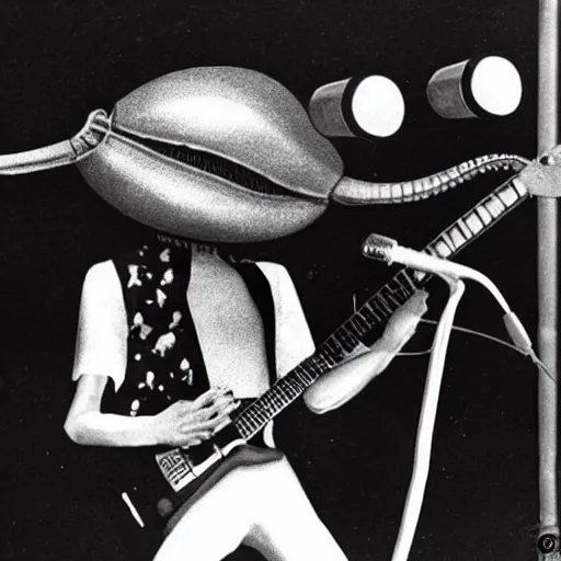Image similar to hyperrealistic image of alien singing at a rock concert in the 1 9 6 0 s