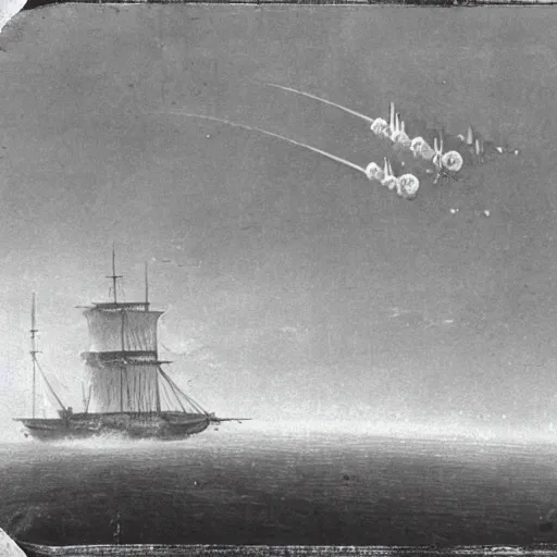 Image similar to grainy 1800s photo of a dirigible warship being shot down over a city