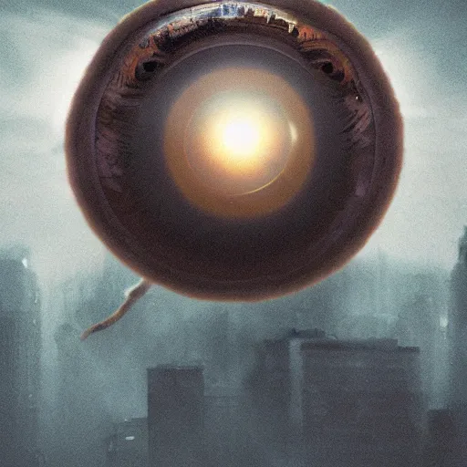 Prompt: a giant eyeball monster conquering a foggy city, photorealistic