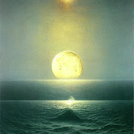 Prompt: moon fall over the ocean by zdzislaw beksinski, oil on canvas