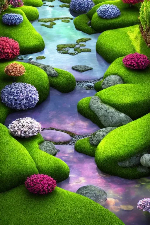 Prompt: hyper realistic render of a heavenly garden of peace, eden filled with trees, stone slab, colourful flowers, moss, ferns, a girl meditating at a distance, small stream or puddles, birds, trending on artstation, volumetric lighting, hyper realistic, hyper detailed, high quality render, blender guru,