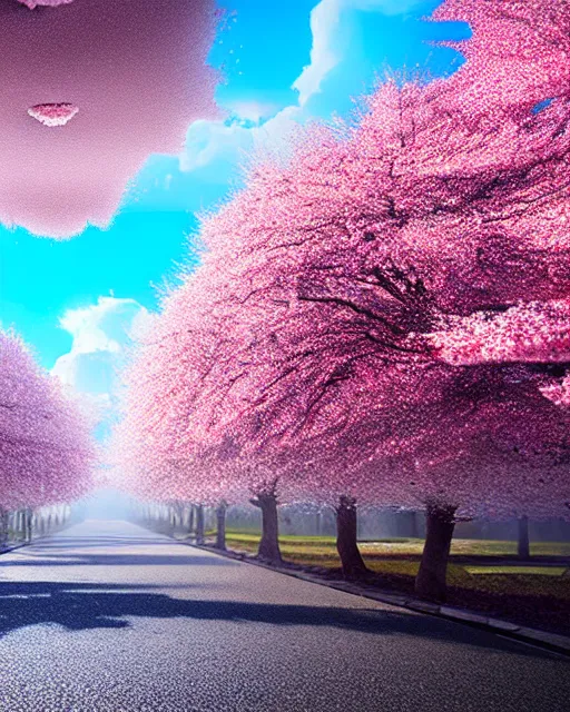 Prompt: hyperrealistic matte painting of cherry blossoms melting! goo! robert steven connett hard daylight 8k high angle shallow depth of field