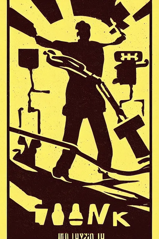 Image similar to “A man with a metal detector on a field. Word METAL written in Cyrillic letters. Soviet propaganda poster in the style of Dmitry Moor”