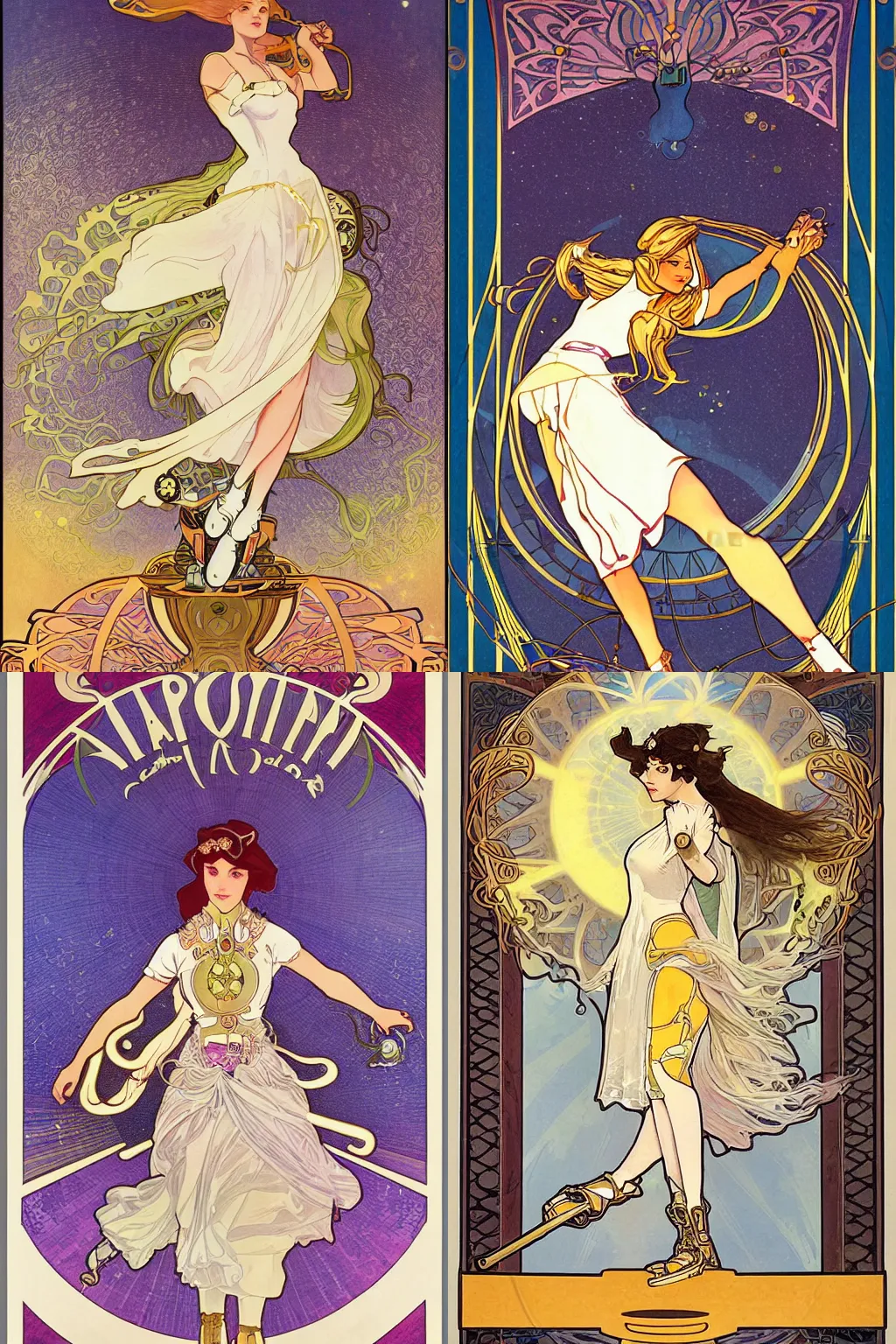 Prompt: art nouveau print of a solarpunk cyber white skirt beautiful girl character with magical mystical golden gun on hover roller skates skating through the clouds, night, 2d cinematic, with a border, by alphonse mucha