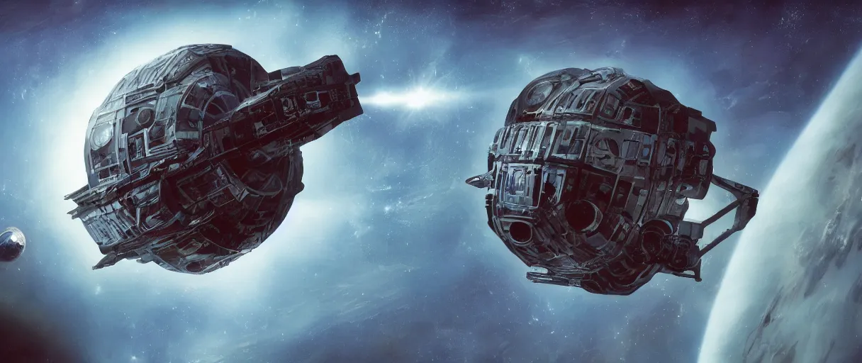 Image similar to concept art, ONE exploration spaceship drifting in space, the expanse tv series, industrial design, immensity, spatial phenomenon, space debris, cinematic lighting, low contrast, low saturation, 4k, greebles, widescreen ratio, wide angle, beksinski, sharp shapes, maximalist, film grain